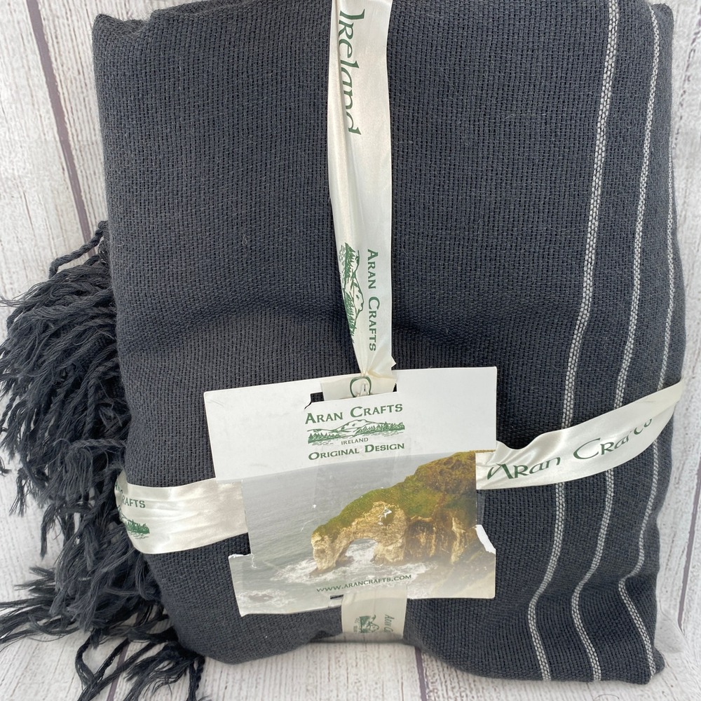 Aran Crafts Wool Throw Blanket Charcoal Gray Striped Fringed Ireland Natural